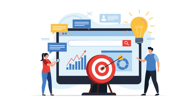 Creative business search and strategy on a monitor feature a large lightbulb idea, a search bar, a target, and data charts.
