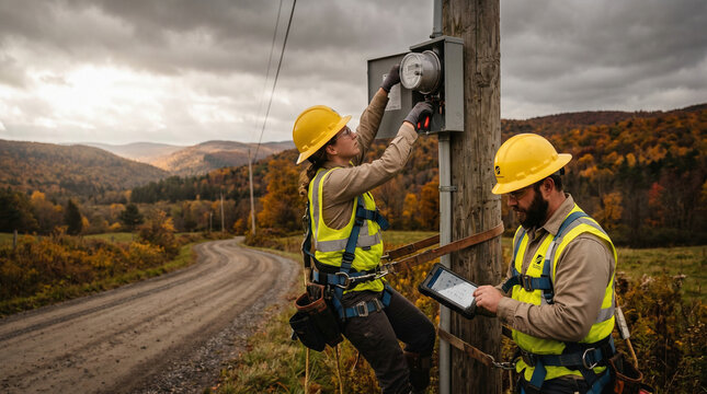 Lineworkers in yellow hard hats mounting a compact smart meter array on a wooden utility pole along a rural mountain road, overcast sky pres 2