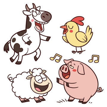 Joyful Farm Animals Dancing and Singing Together Vector Illustration