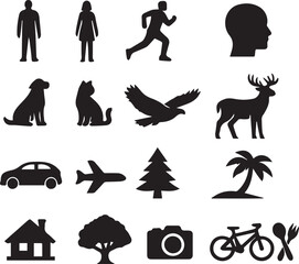 Fototapeta premium Minimal Line Silhouette Icon Set Representing People, Animals, Travel, Nature, Home, Camera, and Lifestyle Symbols.