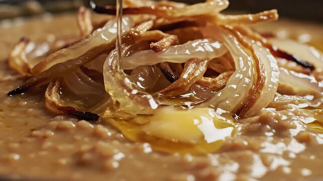 Close-Up Fried Egg With Caramelized Onions Over Creamy Grains, Richly Lit in a Warm Kitchen Scene, 4K