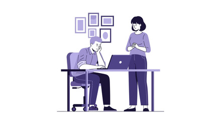 Fototapeta premium Two people collaborating at a desk with a laptop in a modern office.