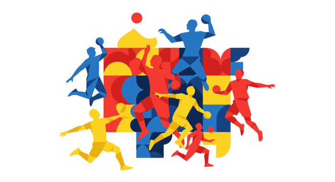 Colorful geometric illustration of handball players in action on a white background