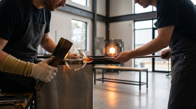 Glass blowing team of two working a large bubble of clear molten glass into a wide cylindrical vessel, the gaffer rotating the pipe steadily 3