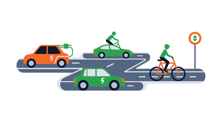 Naklejka premium Sustainable urban mobility illustration with electric cars and cyclists.