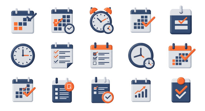 Collection of time management icons including calendars, clocks, and task checklists