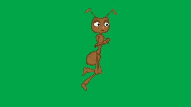 Ant running fast motion insect character 2d animated cartoon animation on green screen chromakey background.