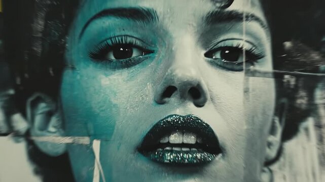 Woman's face, intense female portrait, abstract mixed media, fragmented collage texture, dramatic expression, urban grunge style, powerful visual concept, deconstructed identity.