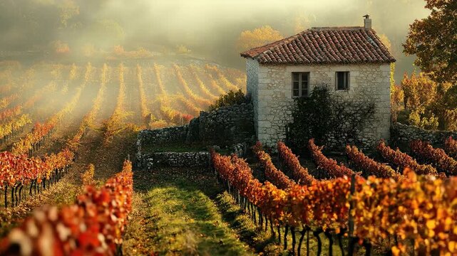 Stone house nestled within a vibrant autumn vineyard, green grass path winding through rows of colorful grape leaf, misty morning light gently illuminating the beautiful rustic agricultural landscape.