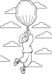 Fototapeta premium Girl holding large balloon, flying amongst clouds in sky, adventurous child with inflated sphere, vector illustration for fun.