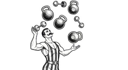 Strongman Juggling Kettlebells and Dumbbells © Reza