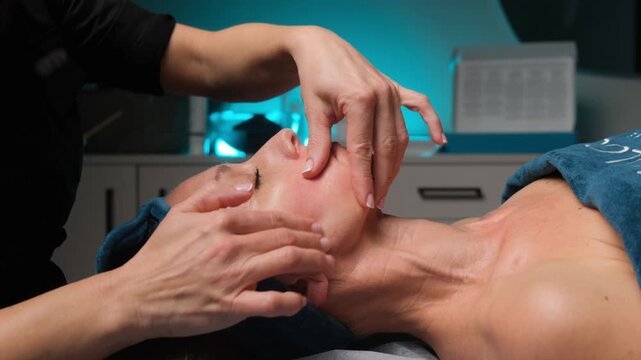 Esthetician providing a relaxing and anti-aging face massage to a mature woman in a beauty clinic