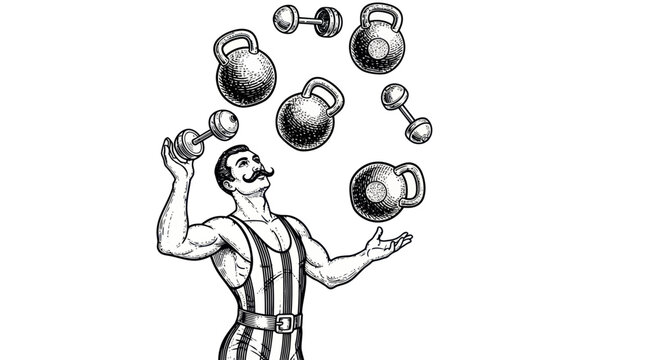 Strongman Juggling Kettlebells and Dumbbells