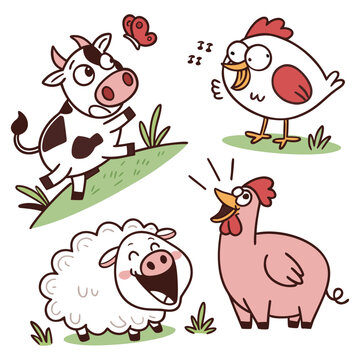 Cute Farm Animals - Cow, Sheep, Chicken with Butterfly - Flat Design Vector Illustration