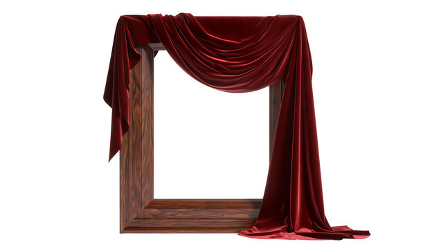 Wooden frame draped with rich red velvet fabric, isolated on transparent background