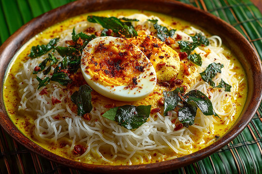 Flavorful Kerala idiyappam served with rich egg curry on a vibrant plate