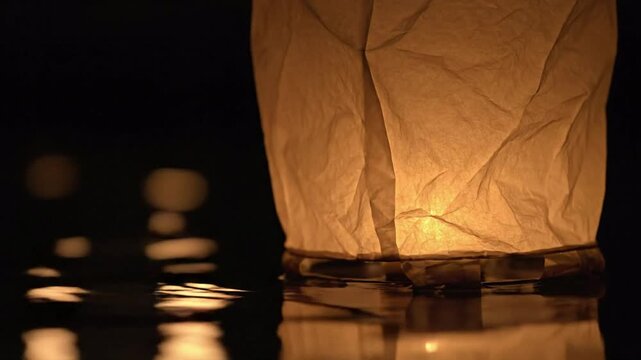 Floating paper lantern glowing with warm light on dark water surface, gentle reflections creating bokeh effect, peaceful night atmosphere