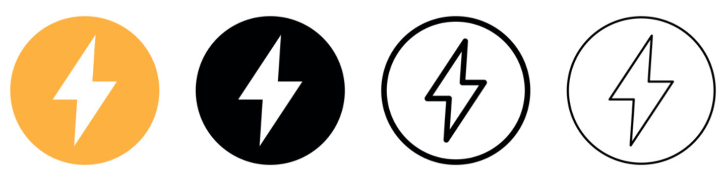 Four stylised lightning bolt power energy symbol icons in different modern styles isolated on transparent background