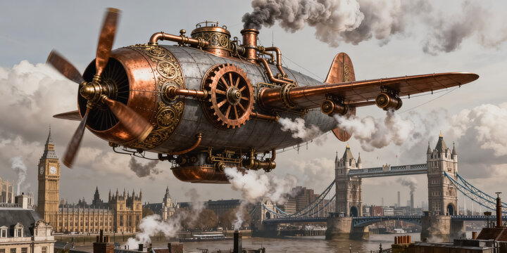 A steampunk styled steam-powered airship flies over a historic Victorian city waterfront, with exposed brass and copper machinery, smoking exhaust, and spinning propellers.