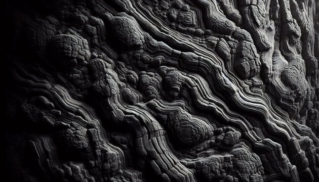 Abstract Macro Texture of Dark Organic Material with Layered Patterns.