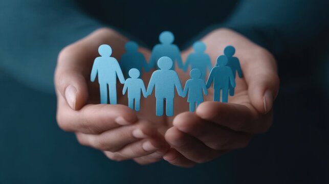 A Pair of Cupped Hands Supporting a Cluster of Stylized Light Blue Human Figures, Symbolizing Care and Community Connection