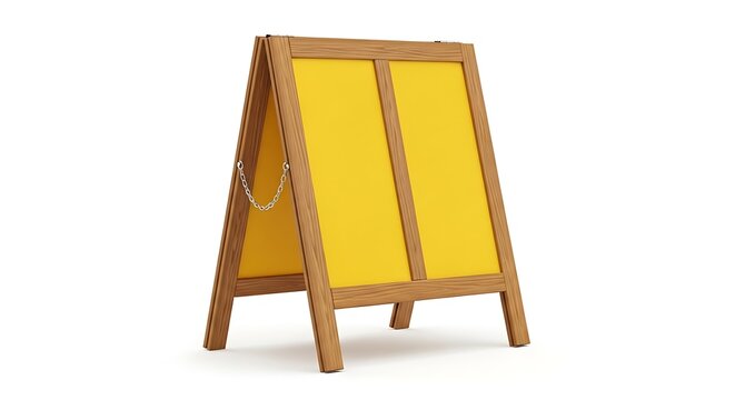 A wooden easel with a bright yellow background standing against a white backdrop