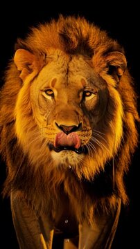 Close-up portrait of a majestic male lion with golden mane in natural sunlight.
