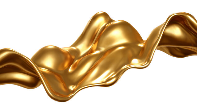 Liquid gold fluid wave abstract metallic flow, isolated on transparent background