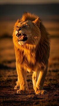 Majestic lion walking in the golden hour light with intense expression.