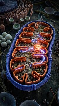 Mitochondrion, cellular organelle performing crucial biological energy conversion process, generating adenosine triphosphate molecule within its complex inner membrane fold.