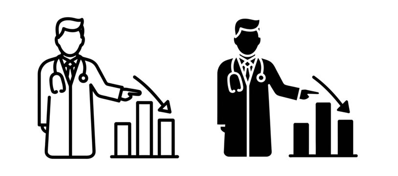 Doctor icon set with medical data chart and decreasing arrow, outline and solid style, white background