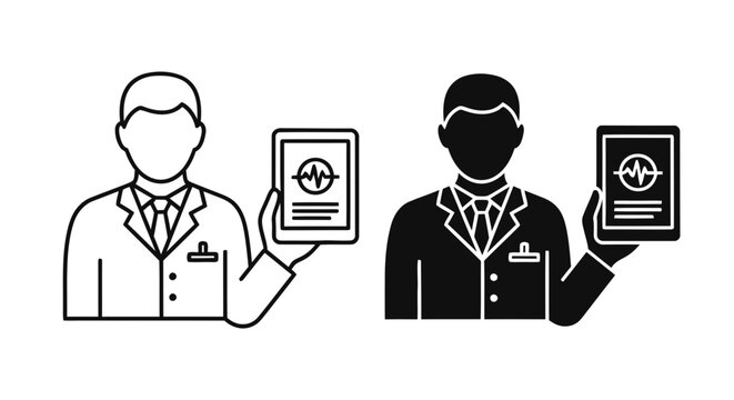 Doctor icon set with tablet and heartbeat monitor, outline and solid style, white background