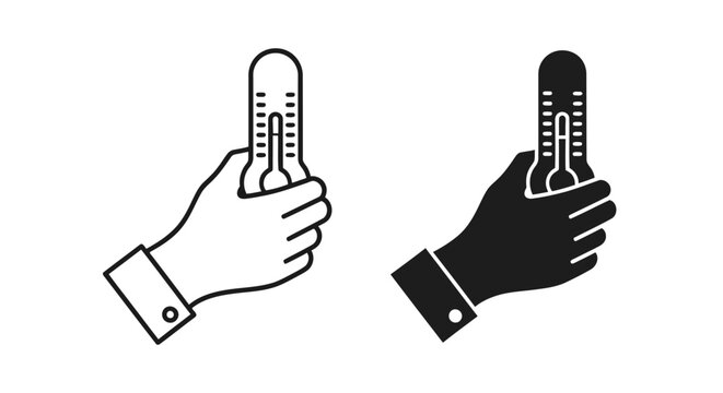 Hand holding thermometer icon set, outline and solid silhouette styles, white background