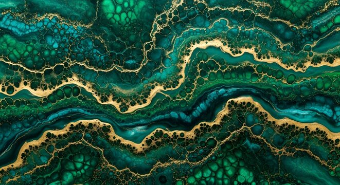 Green malachite marble stone texture with flowing golden veins for elegant luxury interior wall.