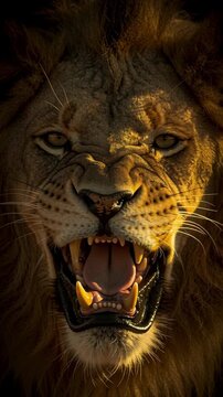 Close-up of a roaring lion showing sharp teeth and intense eyes.