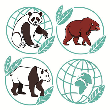 Cute Panda and Bear Animals within Globe Circles, Vector Illustration