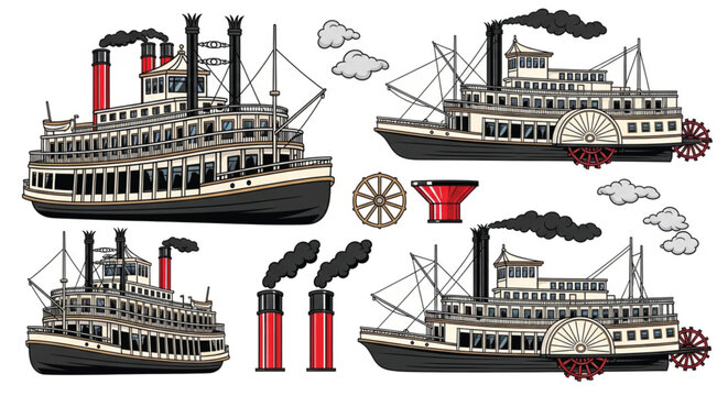 Continuous one line vintage paddle steamboat vector set with classic riverboat designs for historical transport navigation and heritage travel illustration concepts