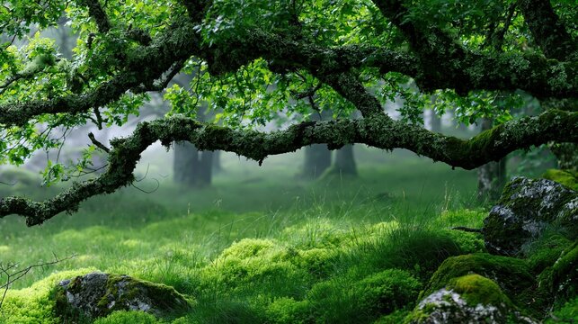 Curved tree branch covered in thick green moss frames the misty ancient temperate forest with lush green mossy grass and rocks in tranquil landscape