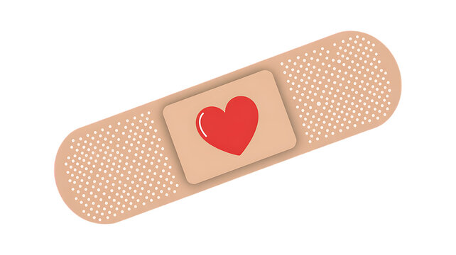 Adhesive bandage with a small red heart icon, medical love concept isolated on transparent background for healthcare, first aid and Valentine designs. 