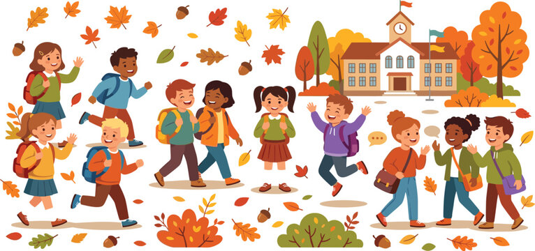 Diverse happy school children group going to school building in autumn fall season vector illustration