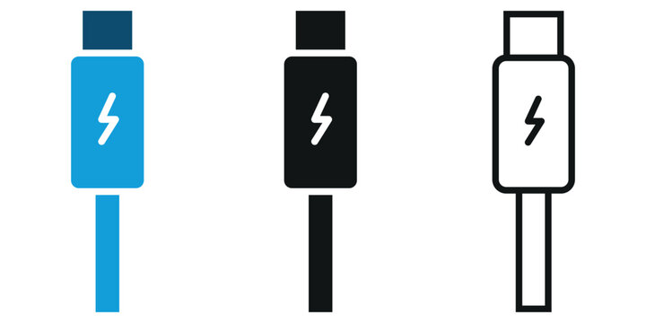Modern USB type c cable connector icons with a lightning bolt symbol representing fast charging technology and power delivery for various electronic devices