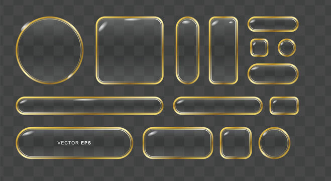 Set of luxury transparent glass buttons with golden metallic frames isolated on dark checkered background for premium web UI and app designs.
