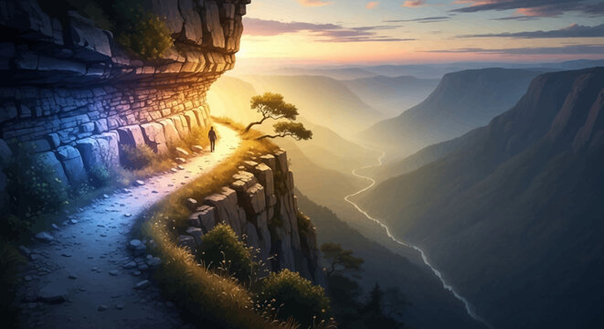 Serene winding mountain path along a cliff edge overlooking a vast valley at sunset, peaceful journey