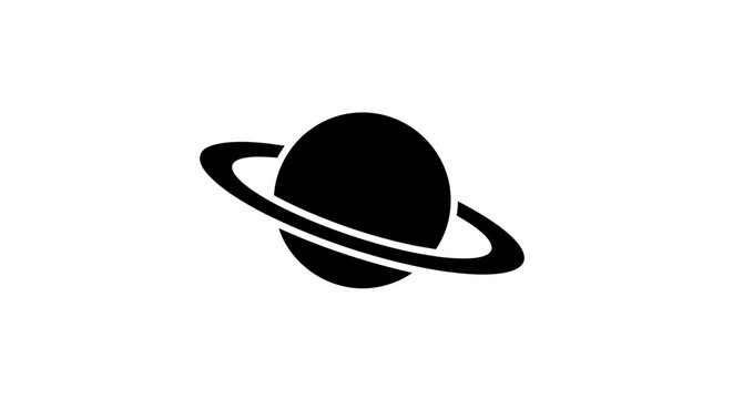 Black Saturn planet silhouette with rings on white background, simple icon vector illustration