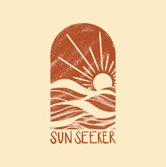 Sun Seeker Arched Sunrise Ocean Waves Typography Poster and T-Shirt Design © xfrimran