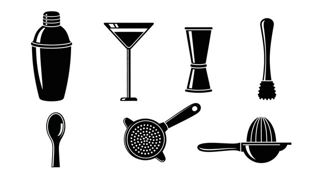 Cocktail Bar Tools Silhouette Set: Shaker, Glass, Jigger, Spoon, Strainer, Muddler, Juicer