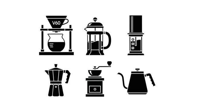 Coffee Brewing Equipment Icons: V60, French Press, Aeropress, Moka Pot, Grinder, Kettle