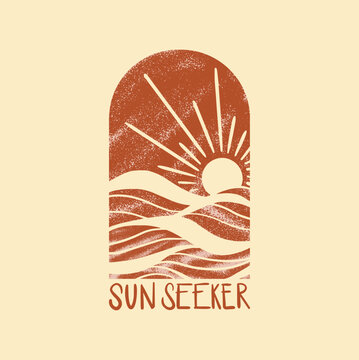 Sun Seeker Arched Sunrise Ocean Waves Typography Poster and T-Shirt Design
