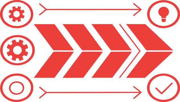 Business process workflow diagram with gear and directional red and blue arrows