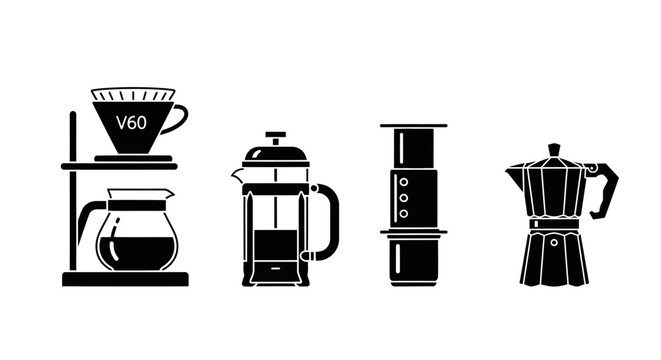 Coffee Brewing Methods Icon Set: V60, French Press, AeroPress, Moka Pot